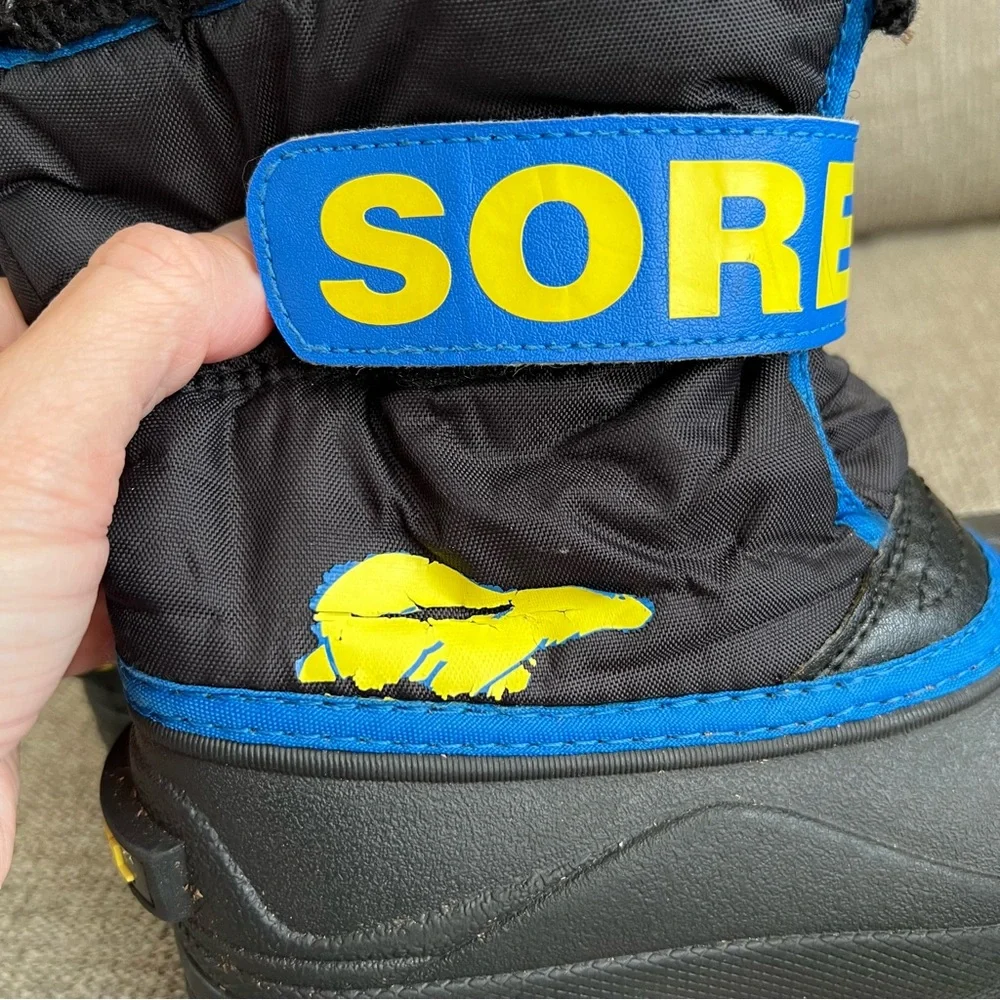 Kid’s Sorel Winter Snow Boots Toddler Boy 12 Black Blue Yellow Faux Fur - Picture 10 of 12